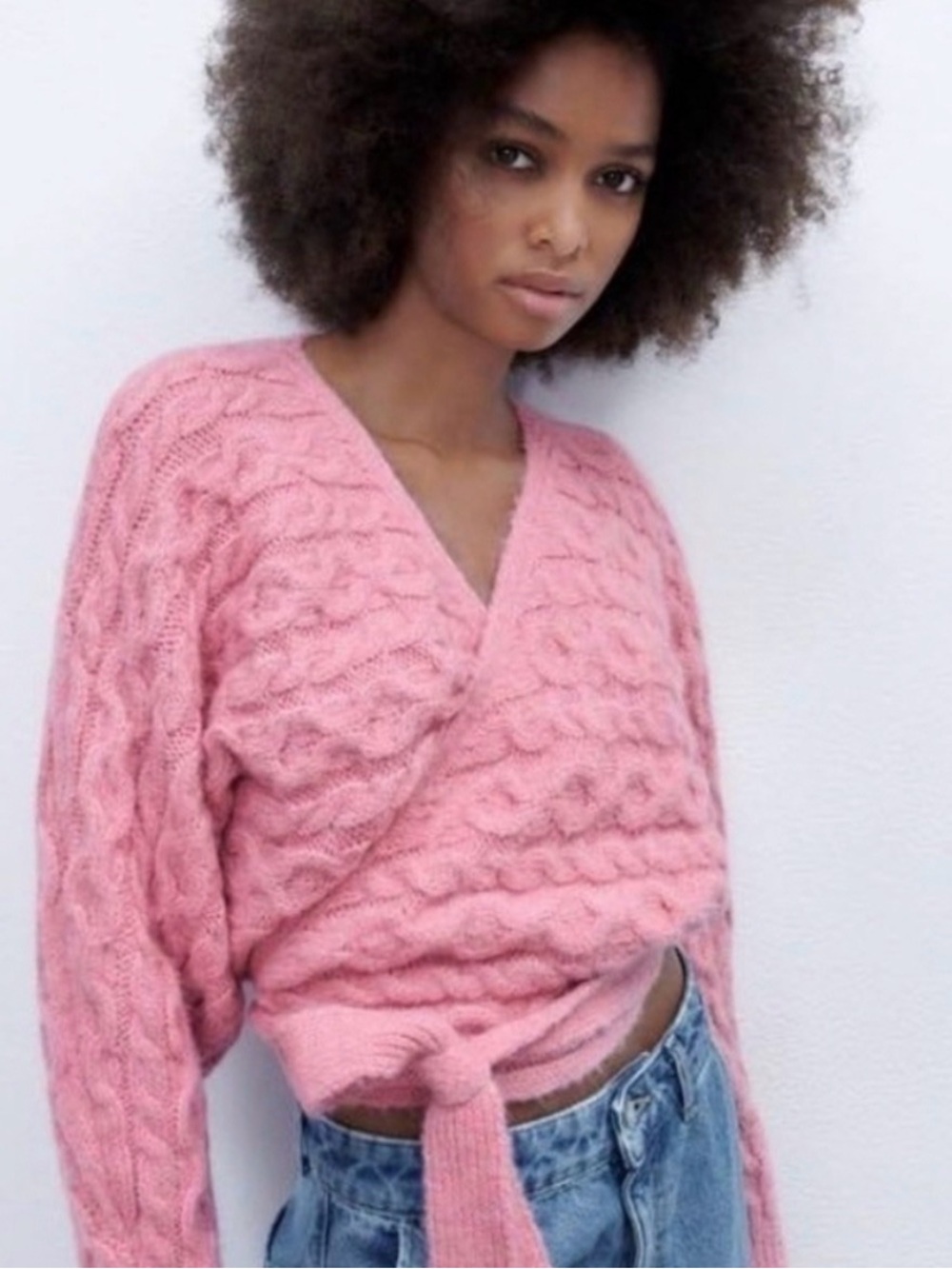 Zara Pink Cable-Pattern Wrap Cardigan